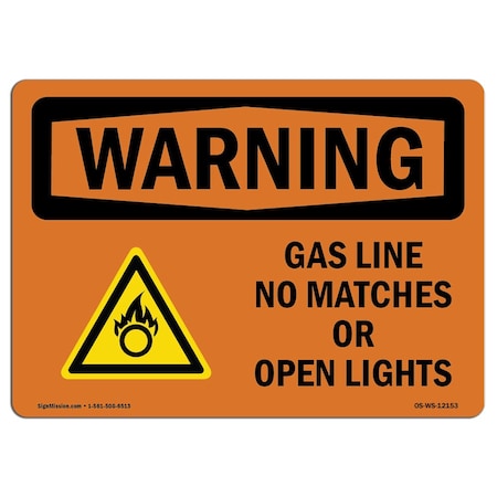 Signmission OSHA Warning Sign, 7" H, 10" W, Aluminum, Gas Line No Matches Or Open Lights With Symbol, Landscape OS-WS-A-710-L-12153